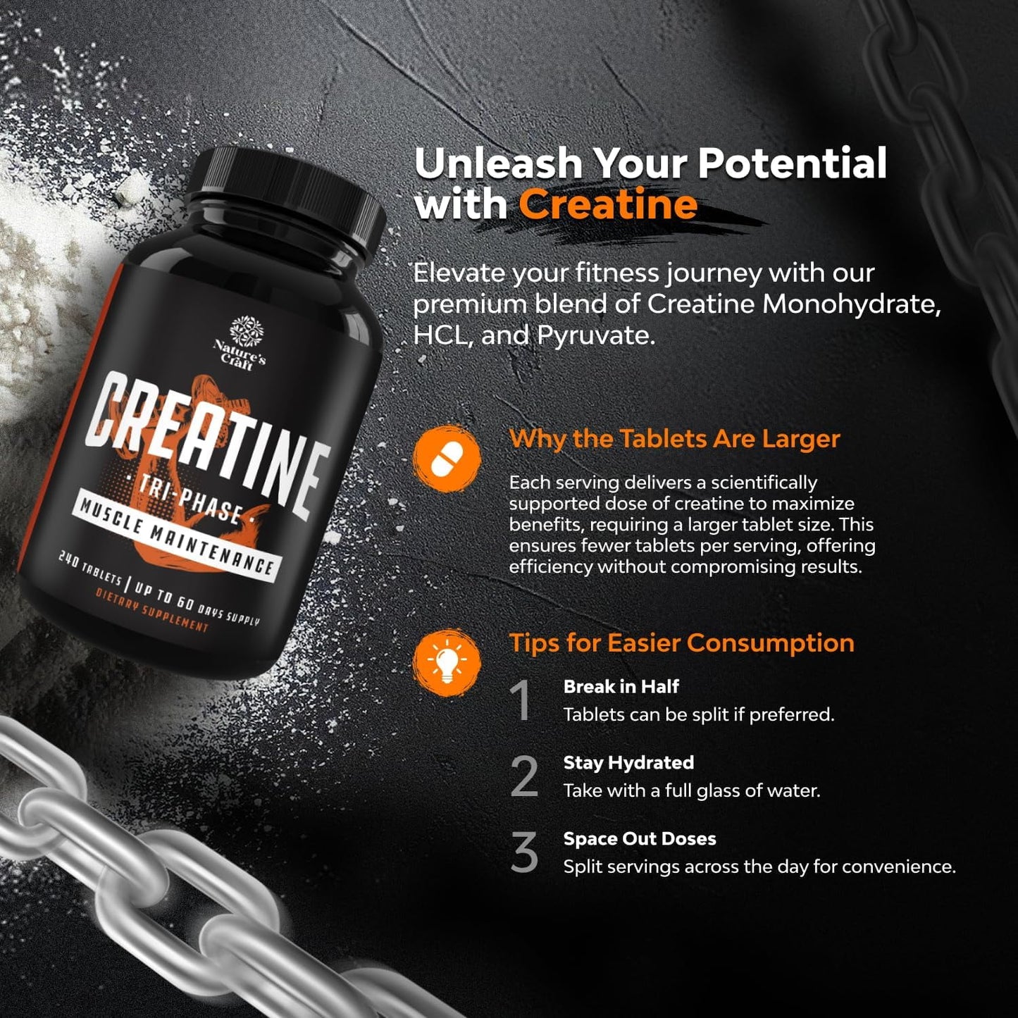 Tri-Phase Creatine Supplement for Muscle Recovery & Muscle Building, 240Ct